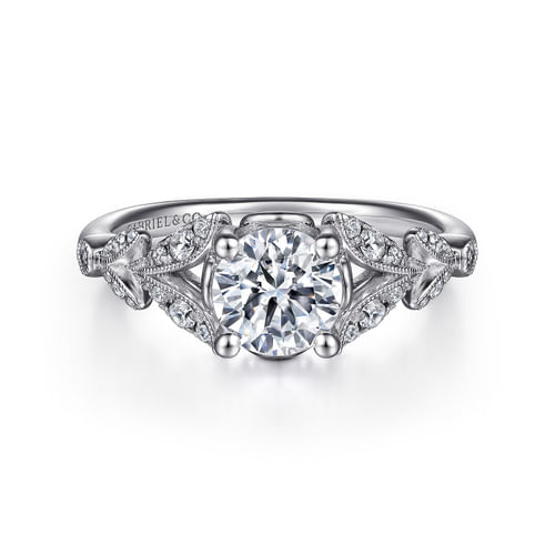 Vintage Inspired 14K White Gold Split Shank Round Diamond Engagement Ring