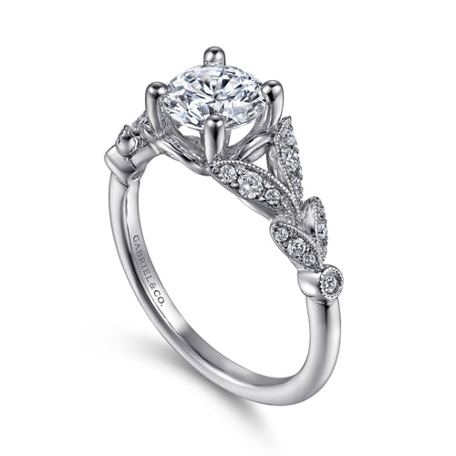 Vintage Inspired 14K White Gold Split Shank Round Diamond Engagement Ring