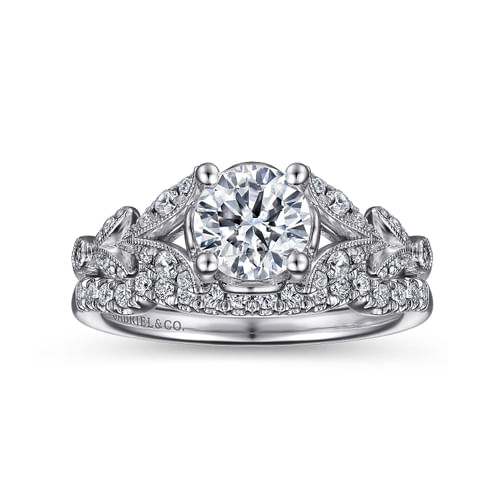 Vintage Inspired 14K White Gold Split Shank Round Diamond Engagement Ring