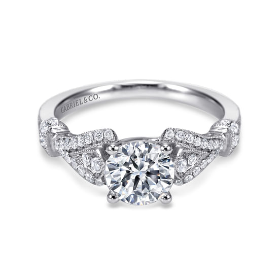 Gabriel - Vintage Inspired 14K White Gold Split Shank Round Diamond Engagement Ring