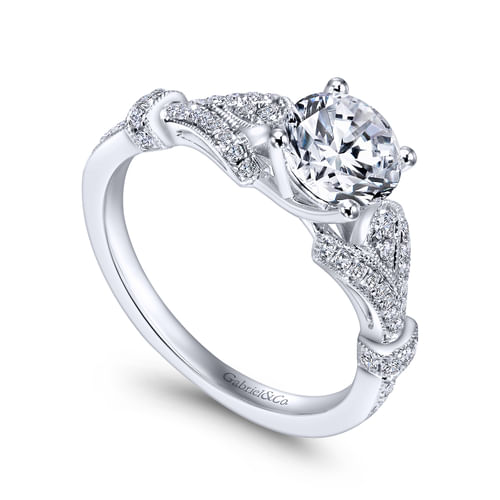 Vintage Inspired 14K White Gold Split Shank Round Diamond Engagement Ring