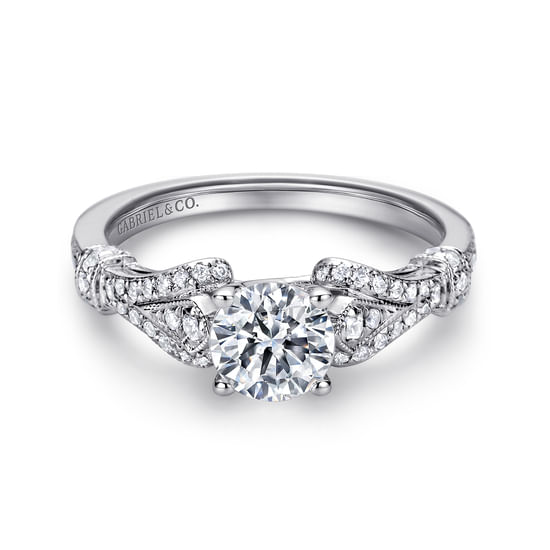 Gabriel - Vintage Inspired 14K White Gold Split Shank Round Diamond Engagement Ring