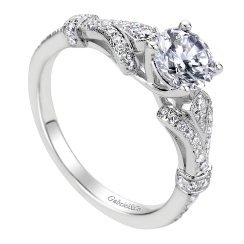 Vintage Inspired 14K White Gold Split Shank Round Diamond Engagement Ring