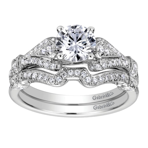 Vintage Inspired 14K White Gold Split Shank Round Diamond Engagement Ring