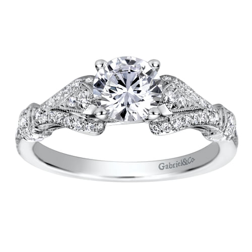 Vintage Inspired 14K White Gold Split Shank Round Diamond Engagement Ring