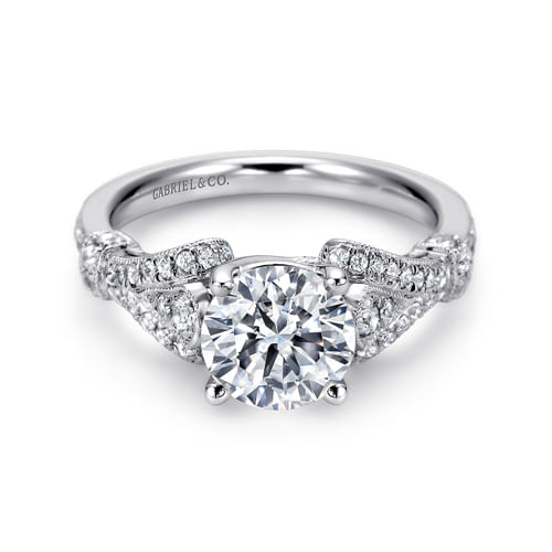 Vintage Inspired 14K White Gold Split Shank Round Diamond Engagement Ring