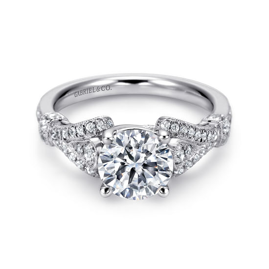 Gabriel - Vintage Inspired 14K White Gold Split Shank Round Diamond Engagement Ring
