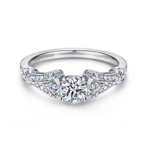 Vintage Inspired 14K White Gold Split Shank Round Diamond Engagement Ring
