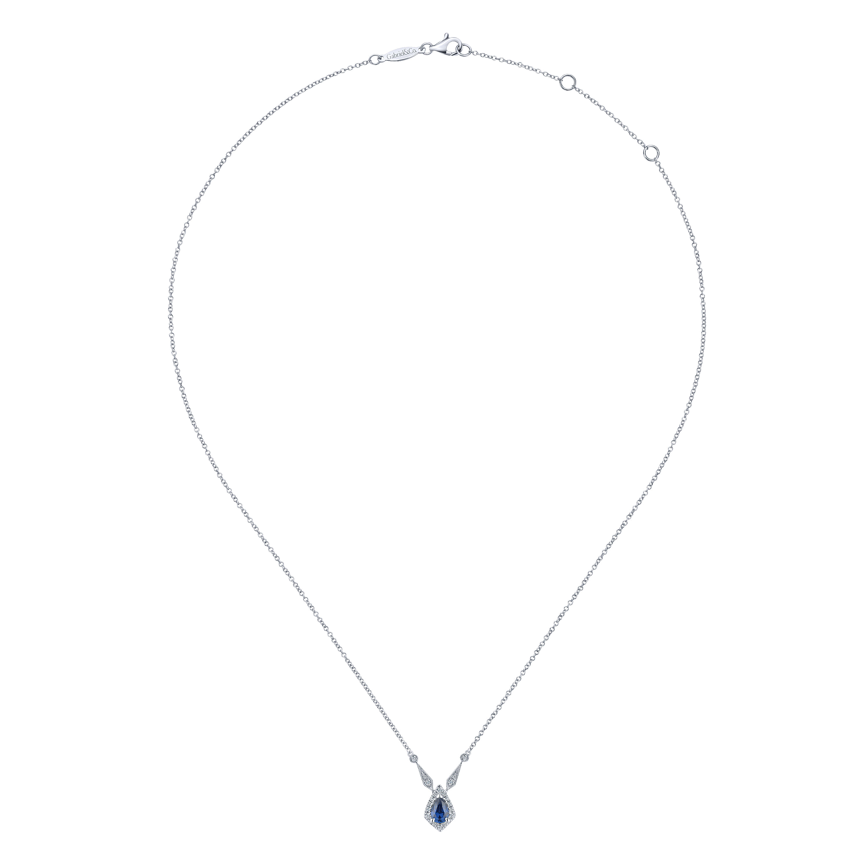Vintage Inspired 14K White Gold Teardrop Sapphire and Diamond Halo Pendant Necklace