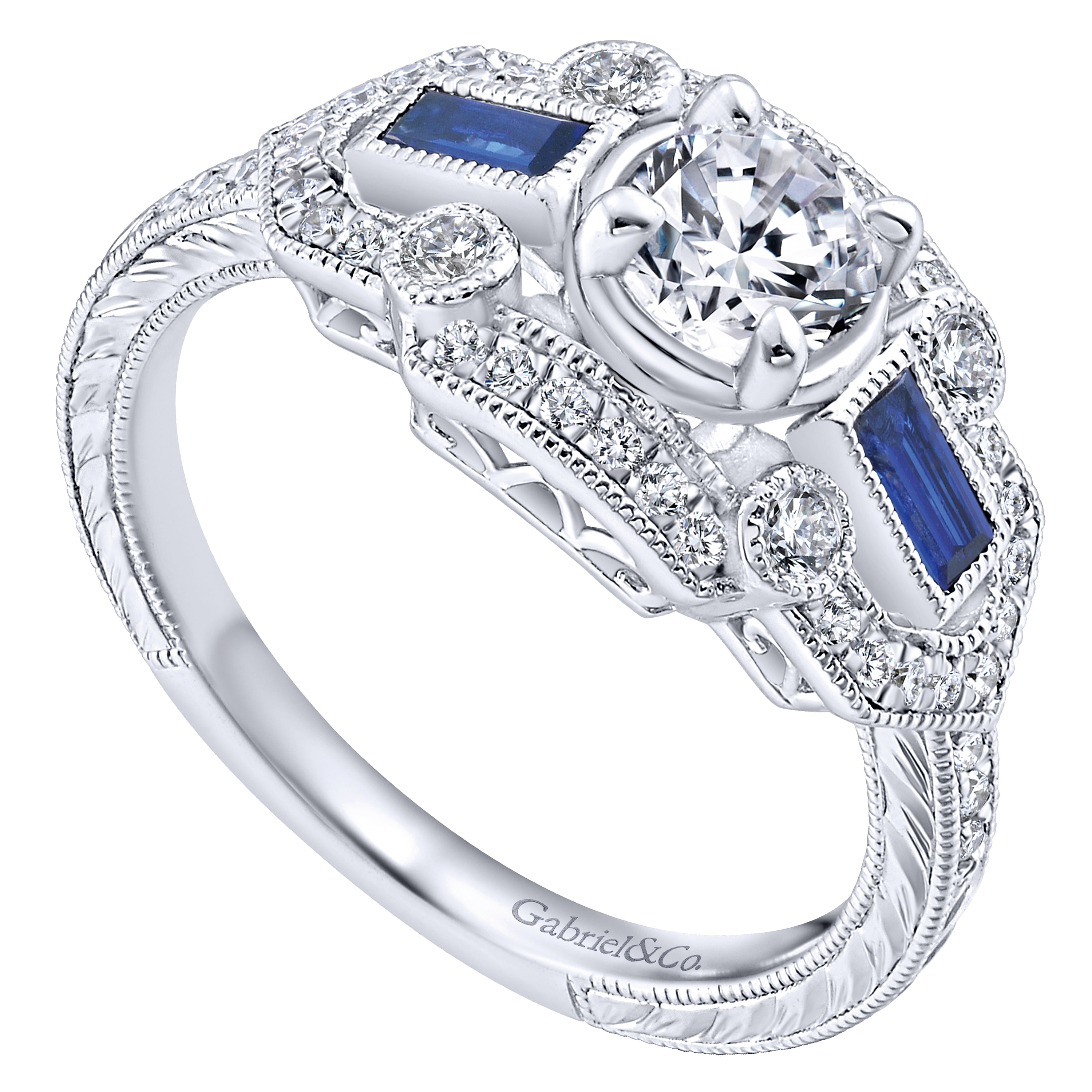 Vintage Inspired 14K White Gold Three Stone Halo Sapphire and Diamond Complete Engagement Ring