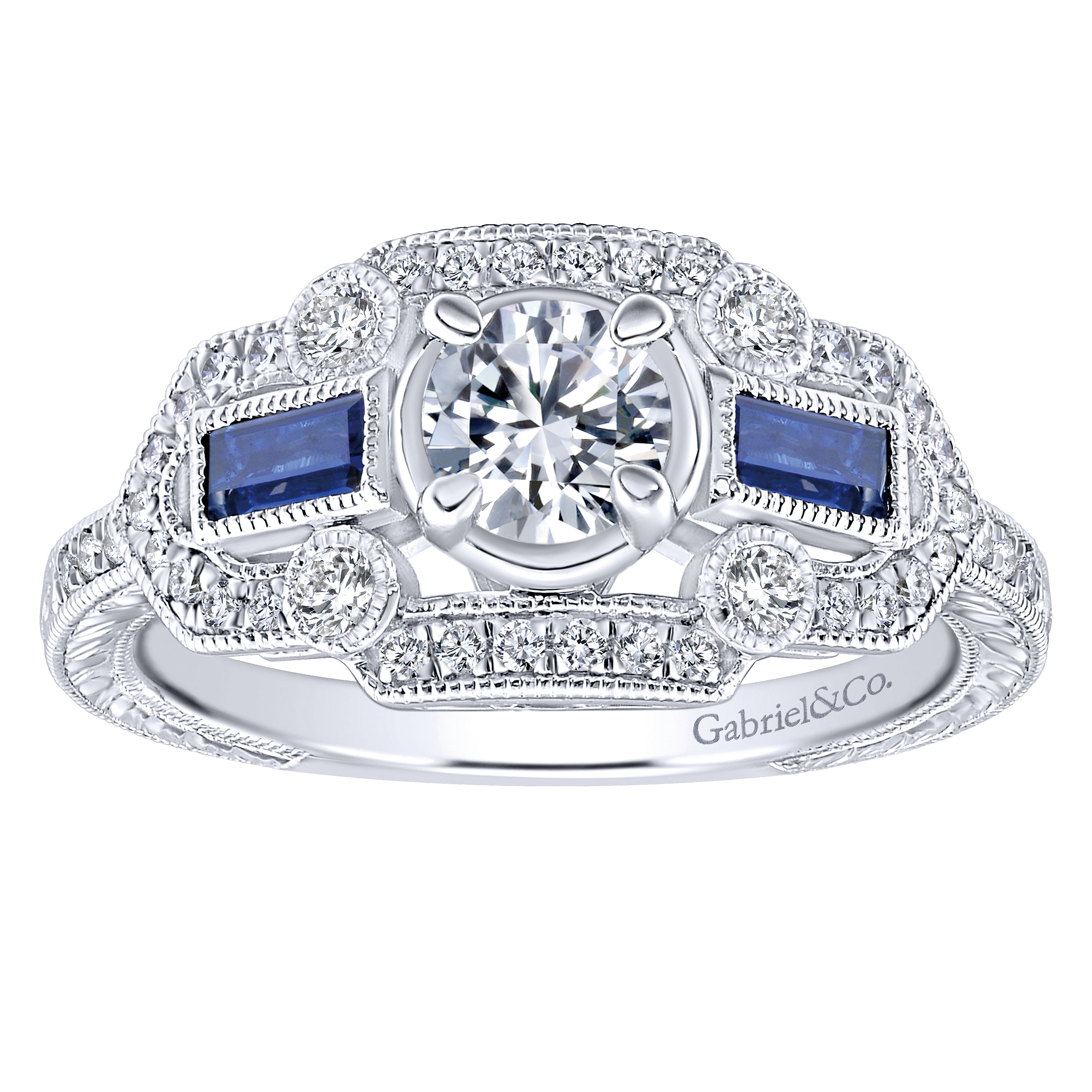 Vintage Inspired 14K White Gold Three Stone Halo Sapphire and Diamond Complete Engagement Ring
