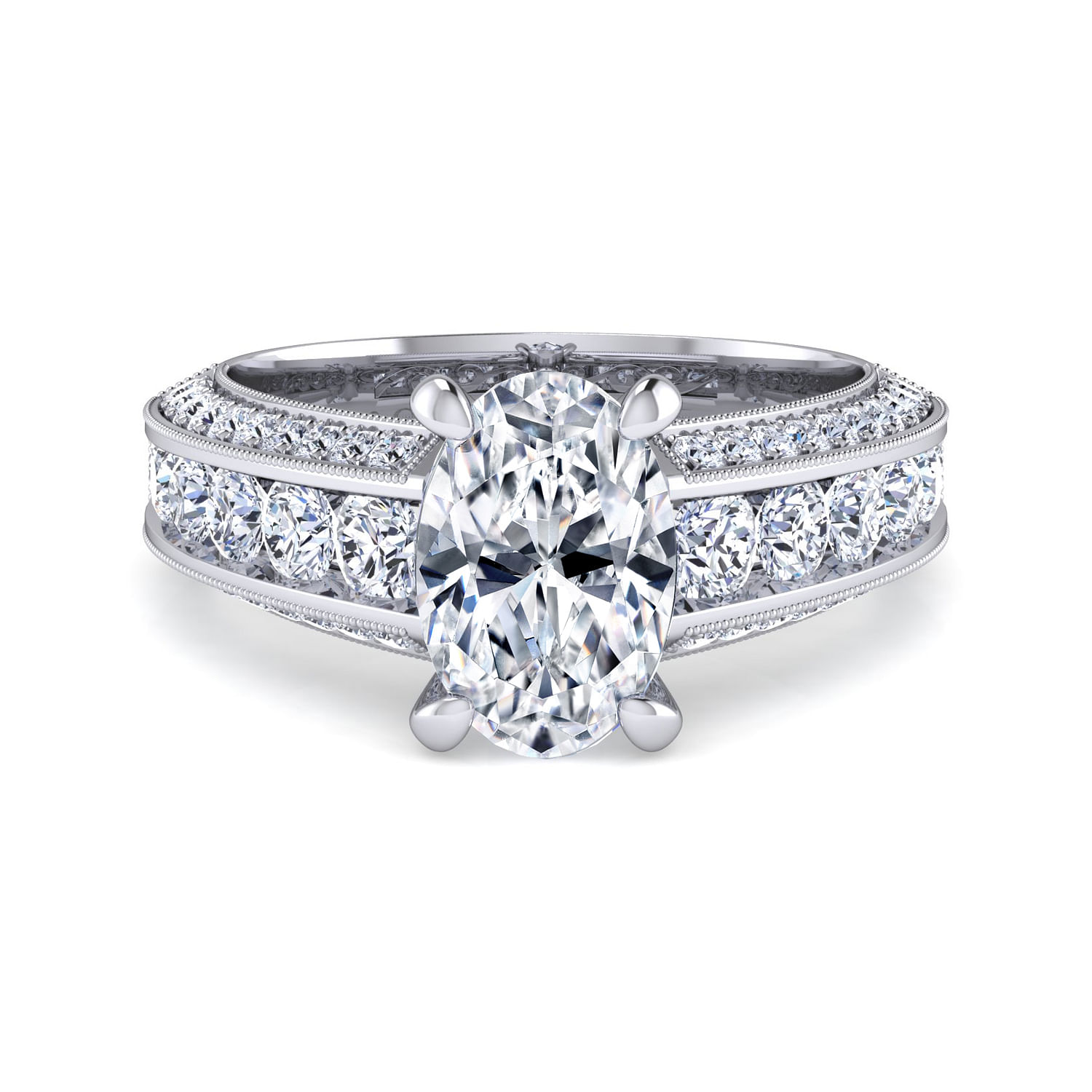 Gabriel - Vintage Inspired 14K White Gold Wide Band Oval Diamond Channel Set Engagement Ring