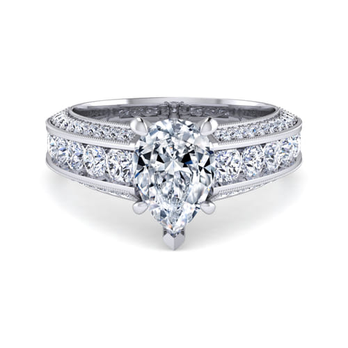 Vintage Inspired 14K White Gold Wide Band Pear Shape Diamond Channel Set Engagement Ring