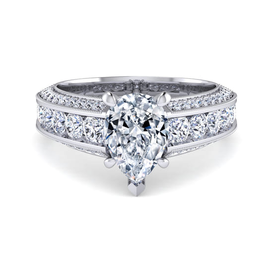 Gabriel - Vintage Inspired 14K White Gold Wide Band Pear Shape Diamond Channel Set Engagement Ring