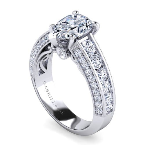 Vintage Inspired 14K White Gold Wide Band Pear Shape Diamond Channel Set Engagement Ring