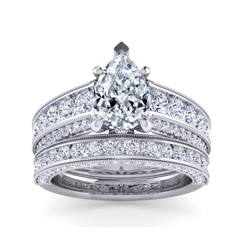 Vintage Inspired 14K White Gold Wide Band Pear Shape Diamond Channel Set Engagement Ring