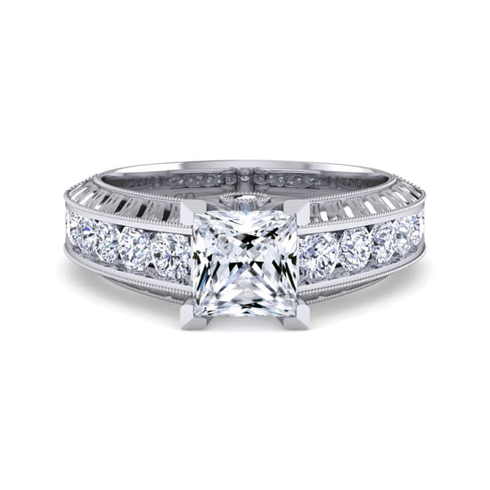 Gabriel - Vintage Inspired 14K White Gold Wide Band Princess Cut Diamond Channel Set Engagement Ring