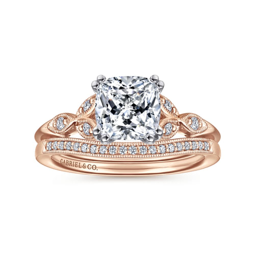 Vintage Inspired 14K White-Rose Gold Cushion Cut Diamond Engagement Ring