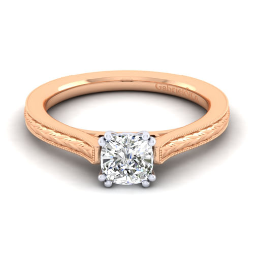 Vintage Inspired 14K White-Rose Gold Cushion Cut Solitaire Engagement Ring