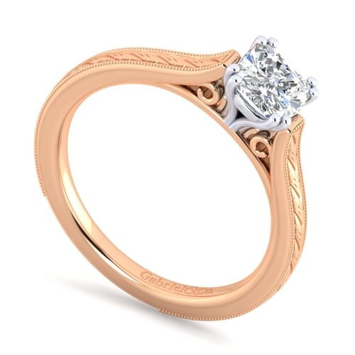 Vintage Inspired 14K White-Rose Gold Cushion Cut Solitaire Engagement Ring