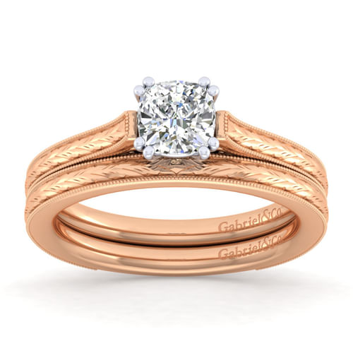 Vintage Inspired 14K White-Rose Gold Cushion Cut Solitaire Engagement Ring