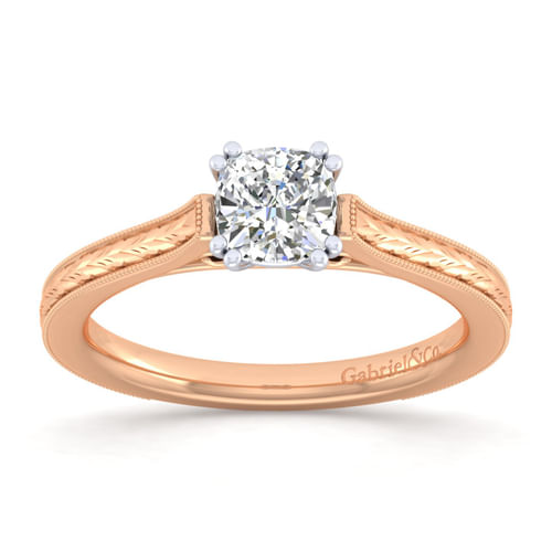 Vintage Inspired 14K White-Rose Gold Cushion Cut Solitaire Engagement Ring