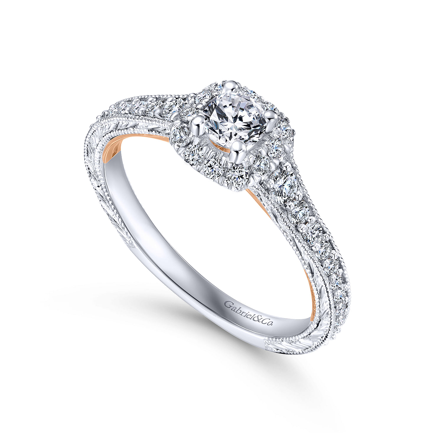 Vintage Inspired 14K White-Rose Gold Cushion Halo Round Diamond Engagement Ring