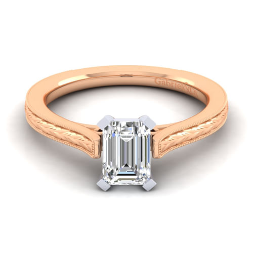 Vintage Inspired 14K White-Rose Gold Emerald Cut Solitaire Engagement Ring