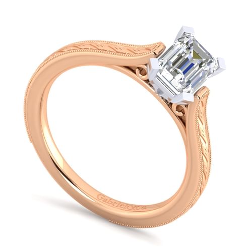 Vintage Inspired 14K White-Rose Gold Emerald Cut Solitaire Engagement Ring