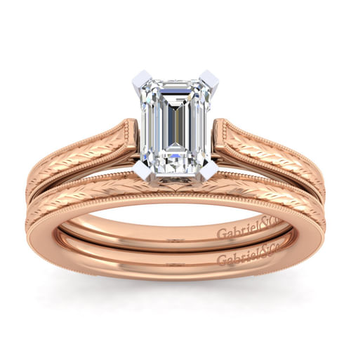 Vintage Inspired 14K White-Rose Gold Emerald Cut Solitaire Engagement Ring