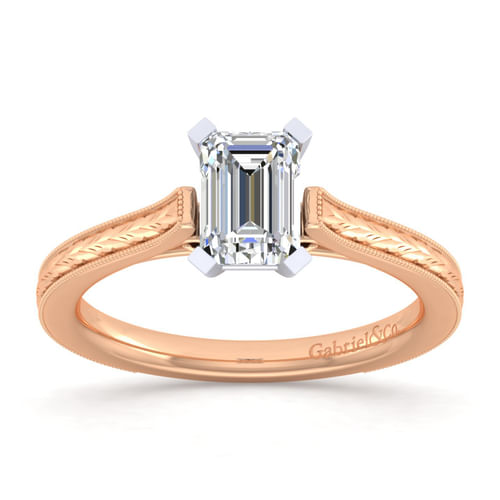Vintage Inspired 14K White-Rose Gold Emerald Cut Solitaire Engagement Ring