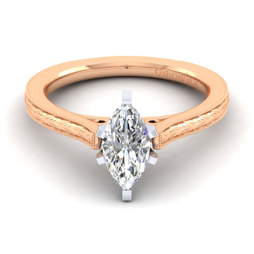 Vintage Inspired 14K White-Rose Gold Marquise Shaped Solitaire Engagement Ring