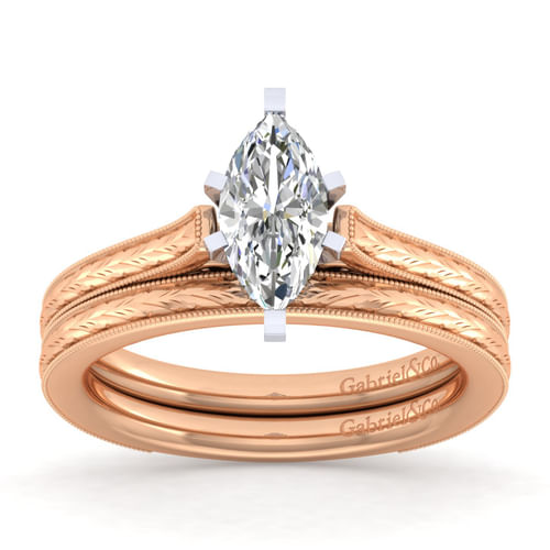 Vintage Inspired 14K White-Rose Gold Marquise Shaped Solitaire Engagement Ring