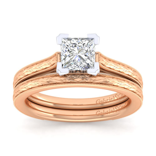 Vintage Inspired 14K White-Rose Gold Princess Cut Solitaire Engagement Ring