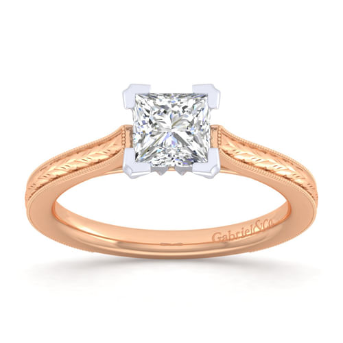 Vintage Inspired 14K White-Rose Gold Princess Cut Solitaire Engagement Ring