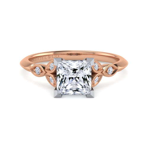 Vintage Inspired 14K White-Rose Gold Split Shank Princess Cut Diamond Engagement Ring