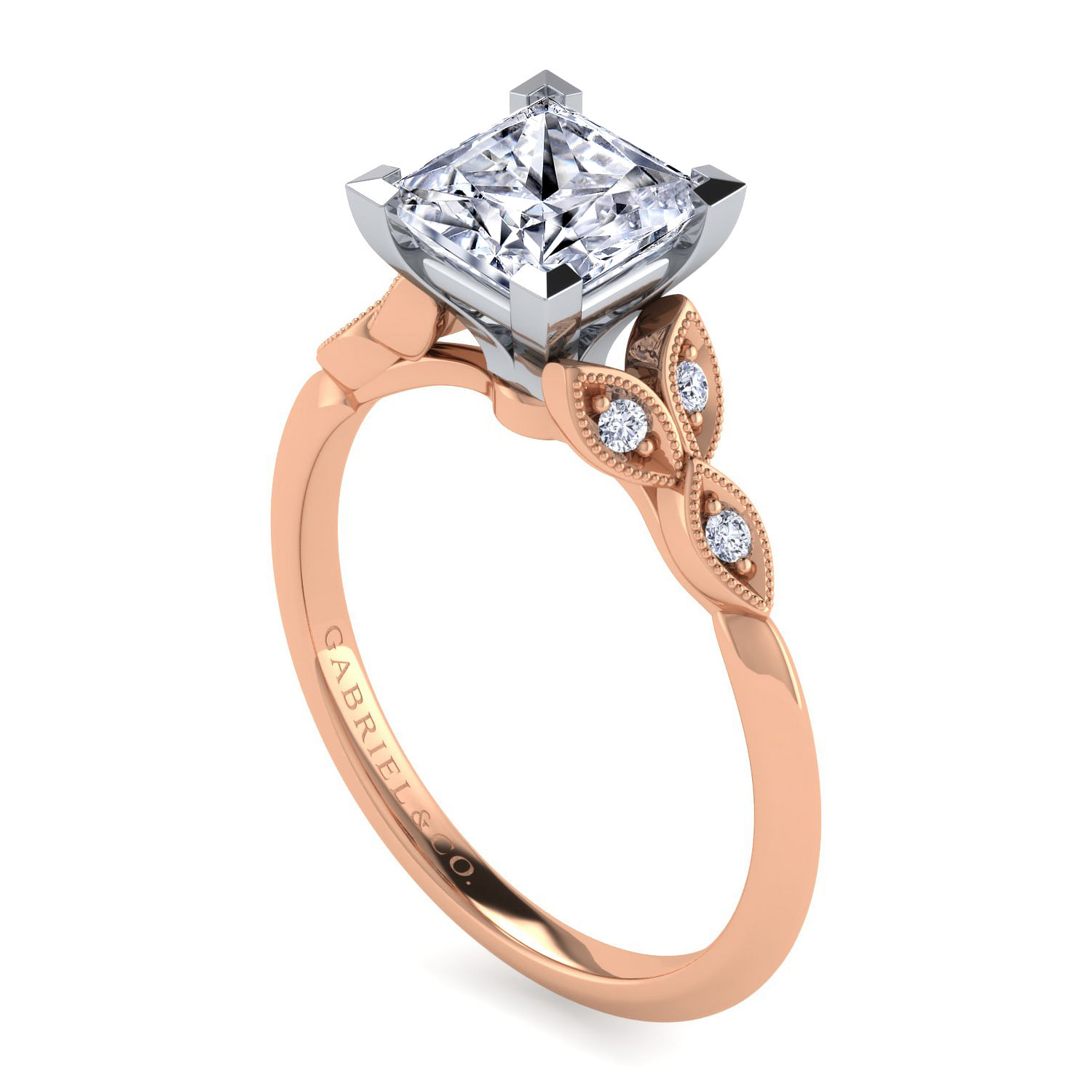 Vintage Inspired 14K White-Rose Gold Split Shank Princess Cut Diamond Engagement Ring