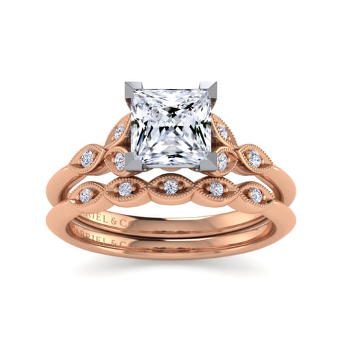 Vintage Inspired 14K White-Rose Gold Split Shank Princess Cut Diamond Engagement Ring