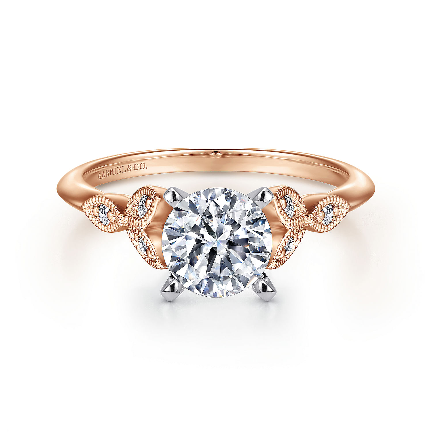 Vintage Inspired 14K White-Rose Gold Split Shank Round Diamond Engagement Ring