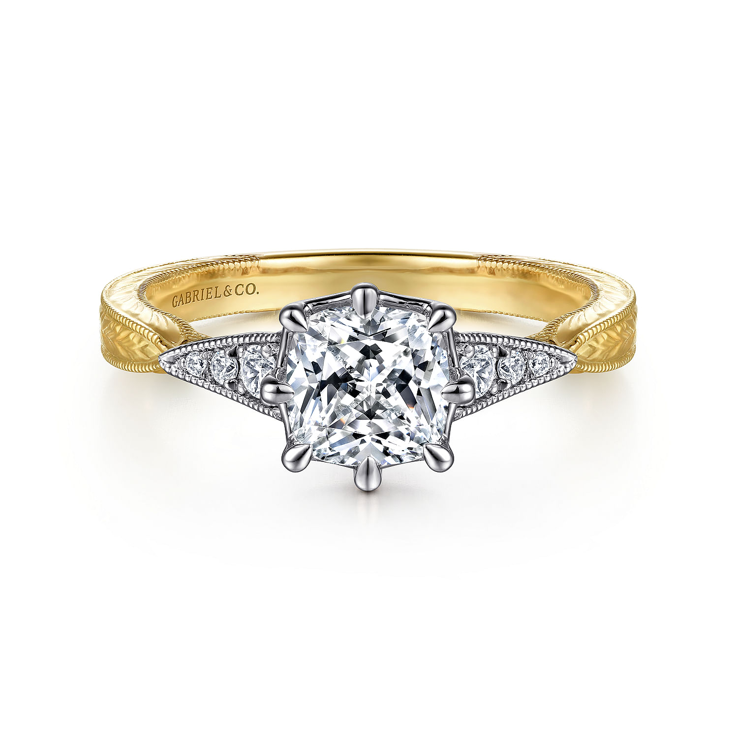 Gabriel - Vintage Inspired 14K White-Yellow Gold Cushion Cut Diamond Engagement Ring