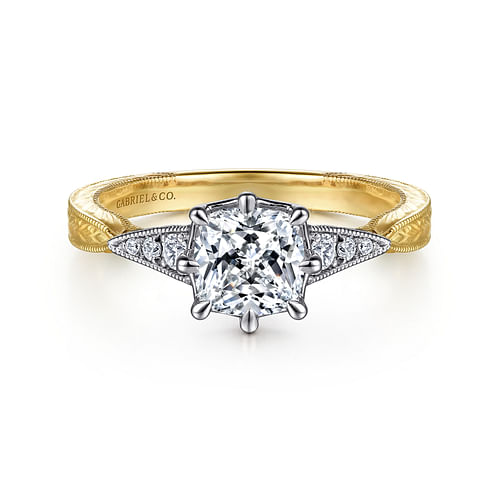 Vintage Inspired 14K White-Yellow Gold Cushion Cut Diamond Engagement Ring