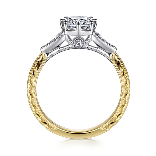 Vintage Inspired 14K White-Yellow Gold Cushion Cut Diamond Engagement Ring