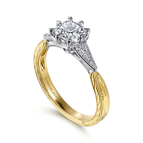 Vintage Inspired 14K White-Yellow Gold Cushion Cut Diamond Engagement Ring