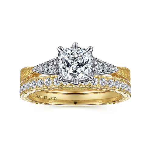 Vintage Inspired 14K White-Yellow Gold Cushion Cut Diamond Engagement Ring