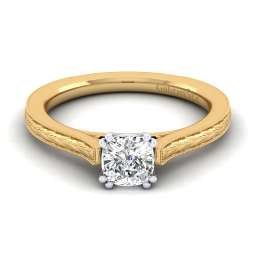 Vintage Inspired 14K White-Yellow Gold Cushion Cut Solitaire Engagement Ring