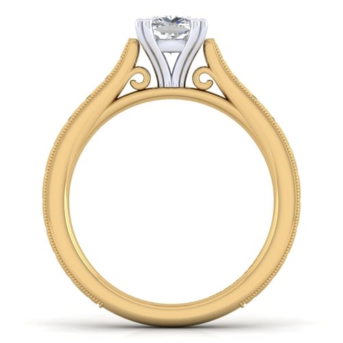Vintage Inspired 14K White-Yellow Gold Cushion Cut Solitaire Engagement Ring