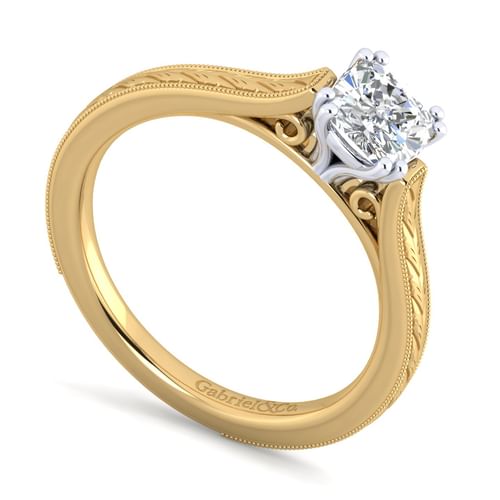 Vintage Inspired 14K White-Yellow Gold Cushion Cut Solitaire Engagement Ring