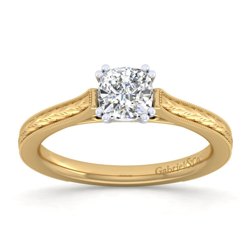 Vintage Inspired 14K White-Yellow Gold Cushion Cut Solitaire Engagement Ring
