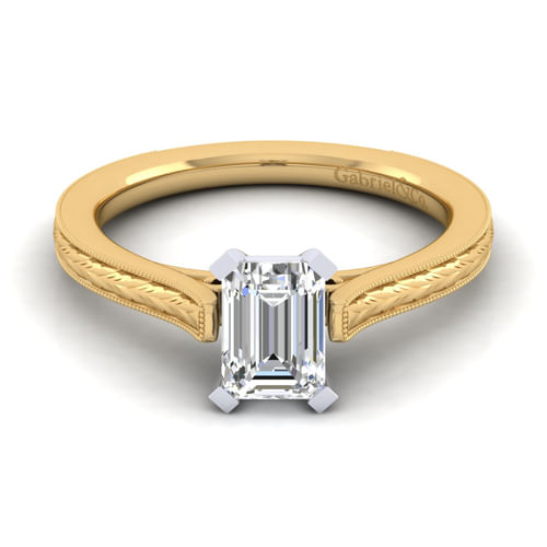 Vintage Inspired 14K White-Yellow Gold Emerald Cut Solitaire Engagement Ring