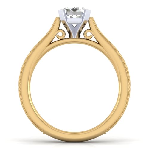 Vintage Inspired 14K White-Yellow Gold Emerald Cut Solitaire Engagement Ring